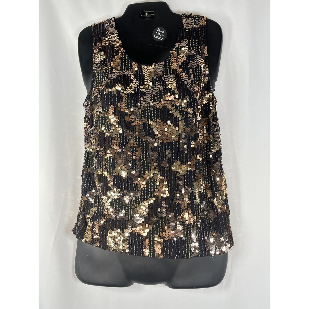 Chico's Tank Top Womens 1 M Gold Round Neck Sleeveless Beaded Sequin Party
